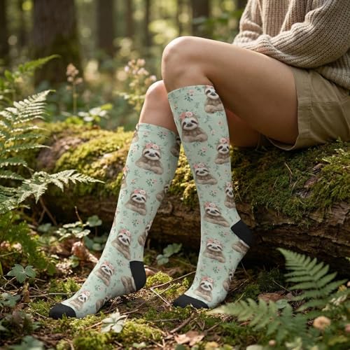 Cute Compression Socks Knee High Support Stockings Women Men - color: Cute Sloth Flower