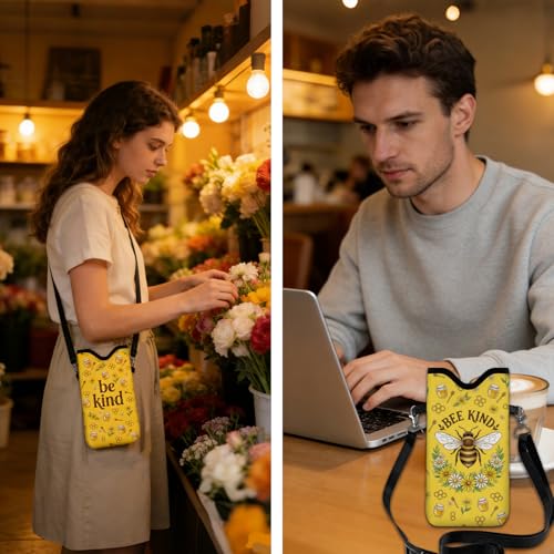 GLOBLELAND Bee Cell Phone Sleeve Pouch Case Bag 7.1×3.9 inch Honey Shockproof Universal Phone Bag with Crossbody Strap Neck Lanyard for Women Men Phone Headphones Watch Yellow - color: Bee
