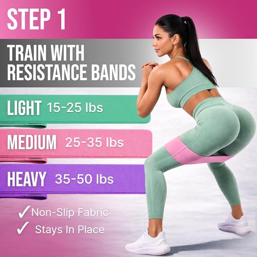 Fabric Resistance Bands for Working Out Women - Set of 3 with Massage Roller Ball & Waterproof Gym Bag - Anti-Slip Glute, Hip & Leg Workout Bands - color: Purple, Pink, Green