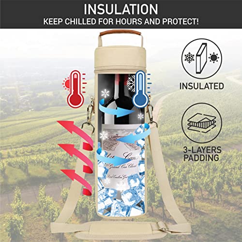 opux Single Bottle Wine Bag Carrier Insulated Cooler Tote with Strap, Cream - color: Cream Beige