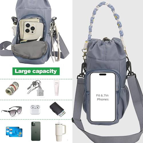 Wongeto Water Bottle Holder with Strap,25oz/40oz/64oz Water Bottle Carrier Sling Bag with Phone Pocket Crossbody Adjustable Shoulder with Hand Strap for Walking - color: Blue