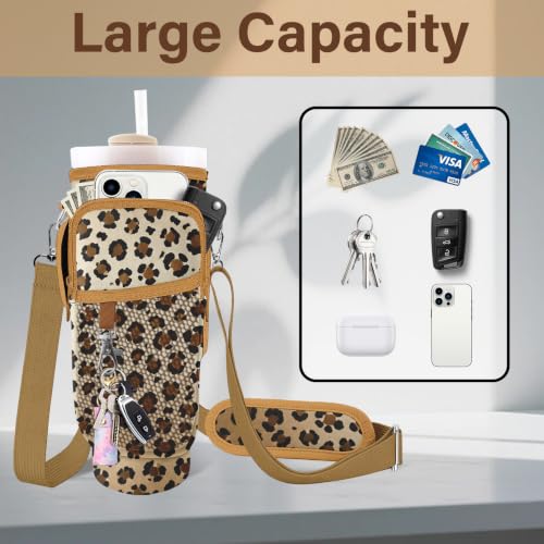 Water Bottle Carrier Bag for Stanley Cup 40/30oz, Neoprene Water Bottle Holder Pouch with 3 Pocket Adjustable Shoulder & Hand Strap - color: Ombre Brown Leopard