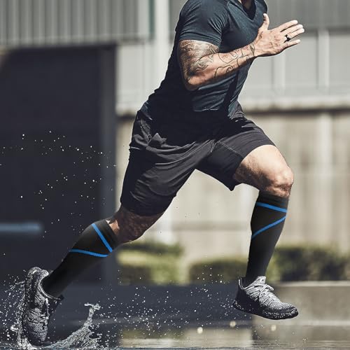 fenglaoda 8 Pairs Compression Socks for Men & Women 20-30 mmHg Knee High Nurse Pregnant Running Medical and Travel Athletic - color: 00-8 pairs-blue/yellow/grey/white line-NEW, size: Large-X-Large