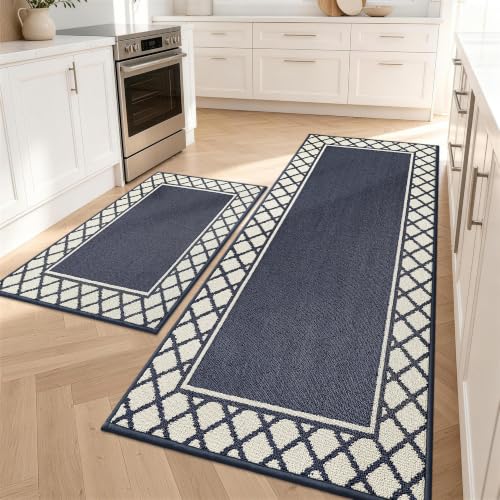 COSY HOMEER Washable Kitchen Rugs Sets of 2 Non-Slip Kitchen Mats,Navy - color: Navy Blue, size: 24"x35" + 24"x60"