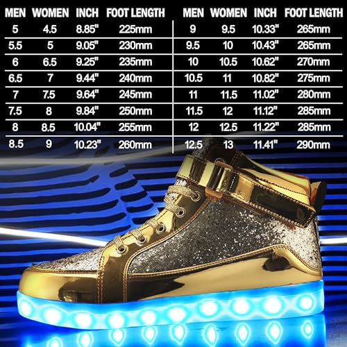 IGxx LED Light Up Shoes for Men Women Sparkly Sneakers High Top - color: Glitter Gold, size: 7 Women/6.5 Men