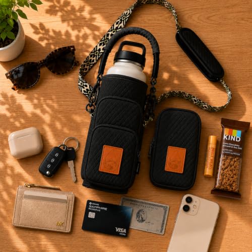 Water Bottle Holder with Strap - Crossbody Waterbottle Bag - color: Black