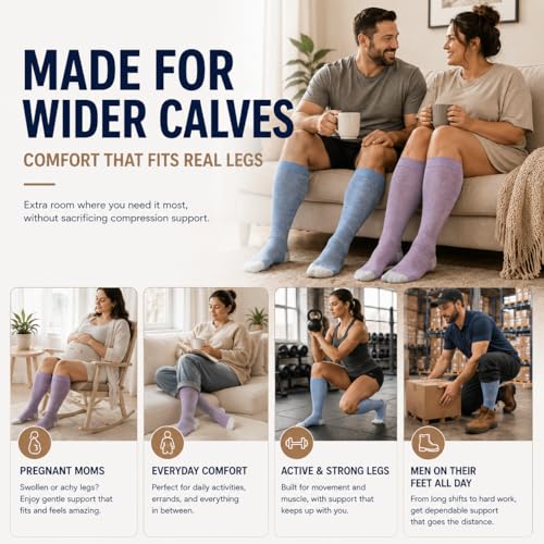 LEVSOX Bamboo Viscose Wide Calf Compression Socks 20-30 mmHg with Cushioned - color: Purple Grey, size: Medium