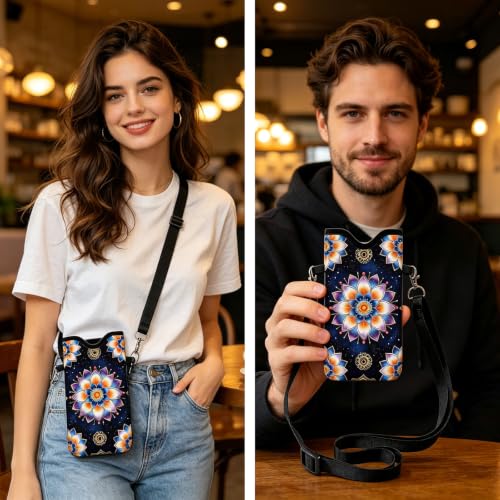 GLOBLELAND Pattern Cell Phone Sleeve Pouch Case Bag with Crossbody Strap Neck Lanyard for Women Men - color: Mandala