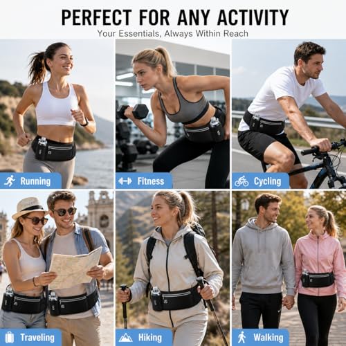 Slim No-Bounce Running Belt - Waterproof Exercise Waist Pack for Marathons, Hiking & Dog Walking - Hidden Travel Money Belt for Phones - color: Black(Bottle Holde)