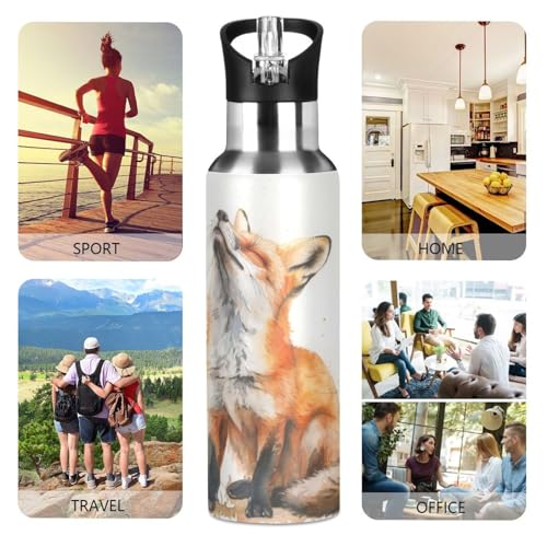OTVEE Fox Water Bottle Sports Water Bottle Insulated Stainless Steel Hot Cold Water Mug with Straw Lid & Handle for Sports Gym 20 oz - color: Fox