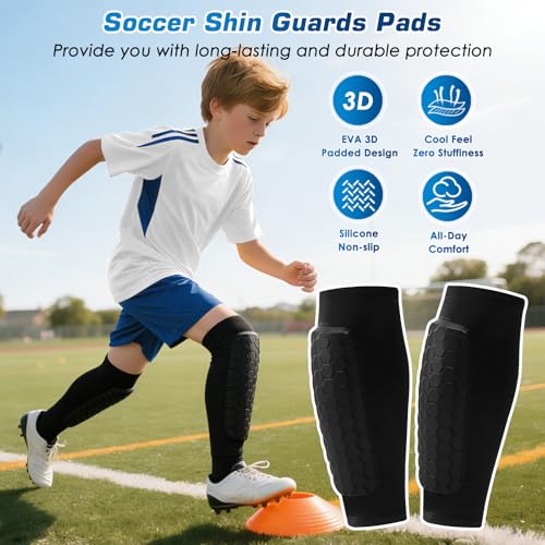2026 New Shin Guards Pads Socks for Skiing, Shin Pads for Youth Adult Ski Shin Guards Calf Compression Sleeve with Honeycomb Pads Lightweight Calf Protective Gear for Boys Girls Men - size: M (Age 11-13)