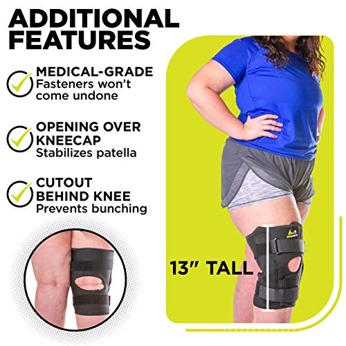 BraceAbility Obesity Hinged Knee Pain Brace - Overweight Men and Women's Wraparound Plus-Size Support for Osteoarthritis, Joint Pain, Ligament Weakness, Medial and Lateral Kneecap Instability (6XL) - size: 6X-Large
