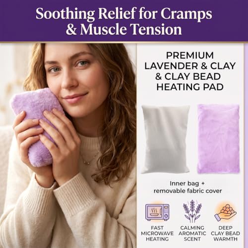Microwavable Heating Pad with Ultra-Soft Plush Cover, 8×5" Clay Ball Heat Pack for Cramps, Neck, Back & Shoulder Pain Relief, Moist Hot Cold Therapy, Washable Cover, Purple