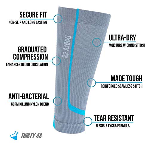 Graduated Compression Sleeves Thirty48 Cp Series, Prevents Calf and Shin Splints ; Relieves Lower Leg Pain and Cramps ; Maximize Faster Recovery by Increasing Oxygen to Muscles ; Gray/Blue Small - color: [1 Pair] Blue, size: Small