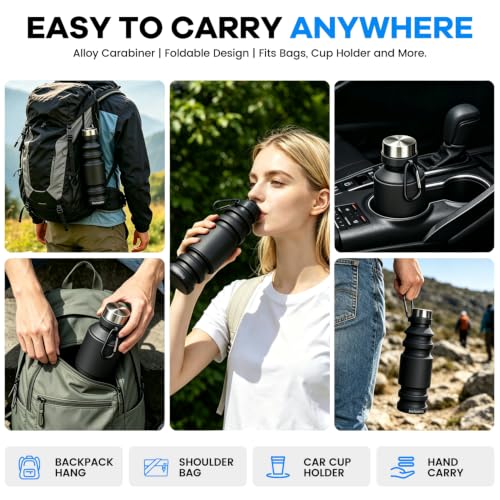 Nefeeko Collapsible Water Bottle, 18floz Reuseable BPA Free Silicone Foldable Bottles for Travel Gym Camping Hiking, Portable Leak Proof Sports Water Bottle with Carabiner - color: Black-18oz