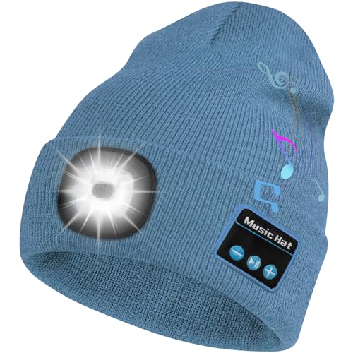 Bosttor Bluetooth Beanie Hat with Light, Headlamp Cap with Headphones and Built-in Speaker Mic, Gifts for Men Women Teen - color: Mist Blue