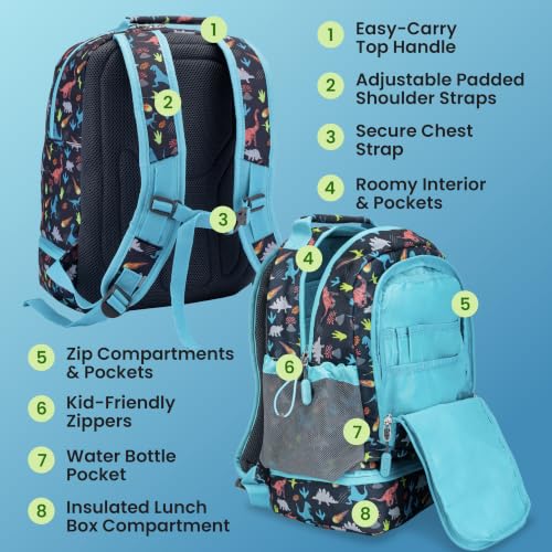 Bentgo Kids 2-in-1 Backpack & Insulated Lunch Bag with Padded Straps - color: Dinosaur, size: Kids Large
