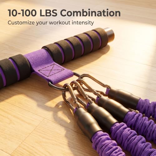 Pink Pedal Resistance Band with Handle, 4 Tubes & Ankle Cuffs - color: Purple