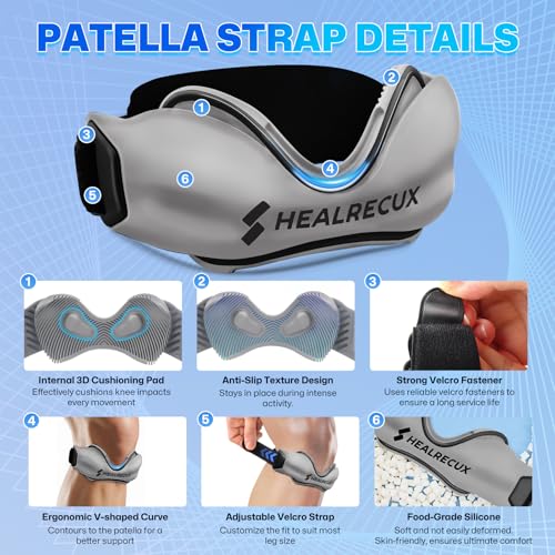 Healrecux Patellar Tendon Support Strap, Silicone Patella Knee Strap, Non-Slip Patella Stabilizer Knee Band for Jumpers Knee, Tendonitis, Basketball, Volleyball, Squats - Dark Gray 2 Pack - color: Gray