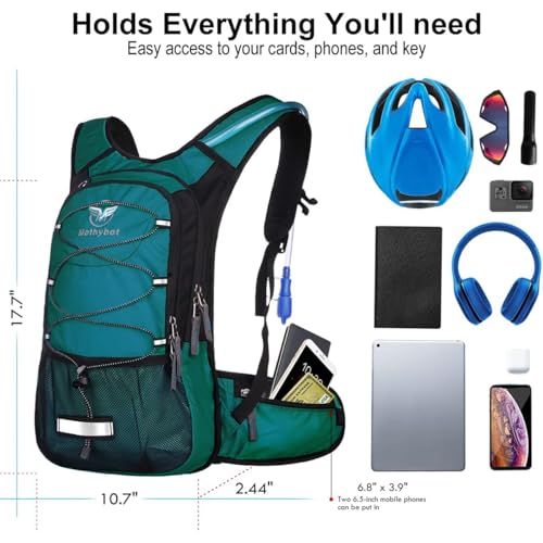 Mothybot Insulated Hydration Backpack Pack with 3L BPA Free Leak Proof Water Bladder, Large Storage Lightweight Hiking Daypack with Waist Pouches & Cooler Layer, for Running, Biking, Camping, Festival - color: Matte Emerald