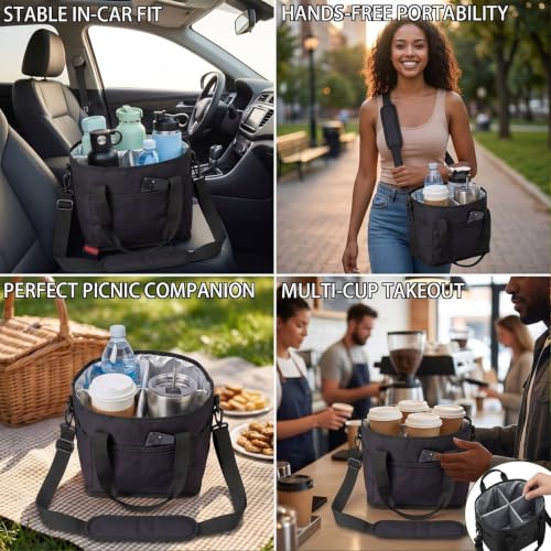 Drink Carrier Tote Bag, Family Size 4 Compartment Drink Carrier - color: Black