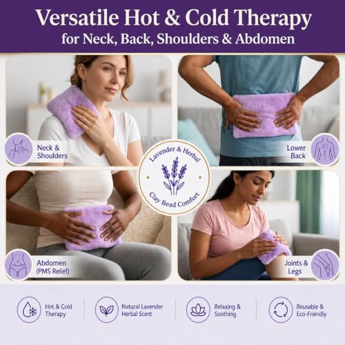 Microwavable Heating Pad with Ultra-Soft Plush Cover, 8×5" Clay Ball Heat Pack for Cramps, Neck, Back & Shoulder Pain Relief, Moist Hot Cold Therapy, Washable Cover, Purple