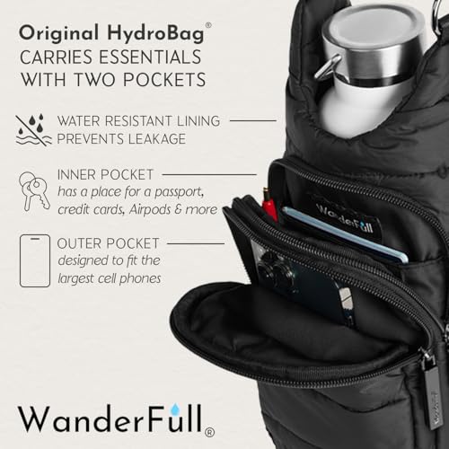 WanderFull Original HydroBag Crossbody Water Bottle Holder with Phone Pocket, Fits Water Bottles up to 32 oz - color: Black Matte