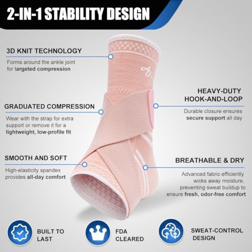 ABIRAM Ankle Brace Compression Sleeve with Adjustable Support Strap - color: Pink, size: Large