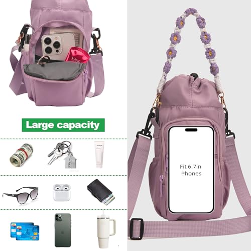 Wongeto Water Bottle Holder with Strap,25oz/40oz/64oz Water Bottle Carrier Sling Bag with Phone Pocket Crossbody Adjustable Shoulder with Hand Strap for Walking - color: Purple