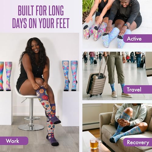 Crazy Compression Over-the-Calf Socks with Fun Designs - color: Calavera Purple, size: Small-Medium