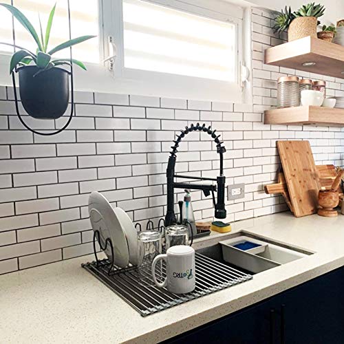 Over the Sink Dish Drying Rack, Searik Roll up Sink Dish Drainer Rack Foldable Kitchen Stainless Steel Dish Rack Sink Drying Rack (17.7” x 11.8”) - color: Gray, size: 17.7"x11.8"