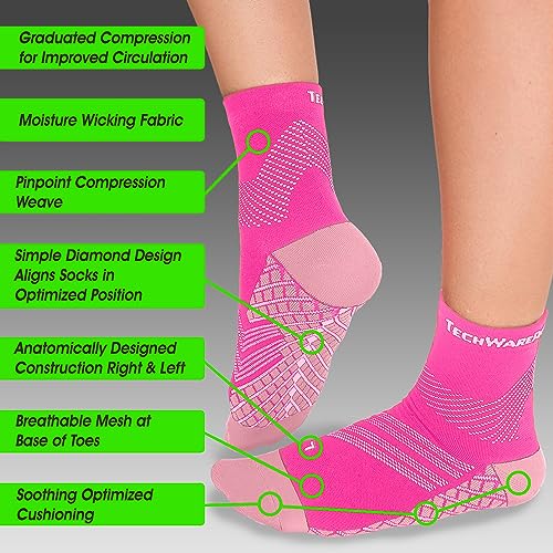 TechWare Pro Plantar Fasciitis Socks – Cushion Ankle Compression Socks Women & Men. Achilles Tendonitis Brace & Arch Support - color: Pink / White, size: Large