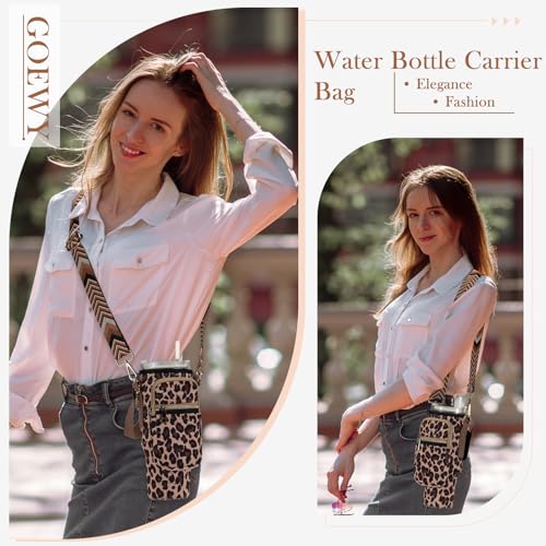 GOEWY Water Bottle Carrier Bag for Stanley Cup 40/30oz with Phone Pockets - color: Leopard（Upgraded with Gift Box）, size: 40oz