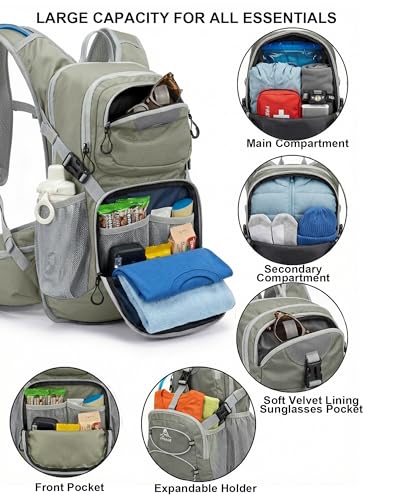 VPBAGE Hydration Backpack with 2L Bladder – Thermal Insulated Water Pack for Hiking, Skiing, Running – Lightweight Daypack for Men & Women, Soft-Lined Sunglasses Pocket & Large Waist Pockets - color: Light Gray