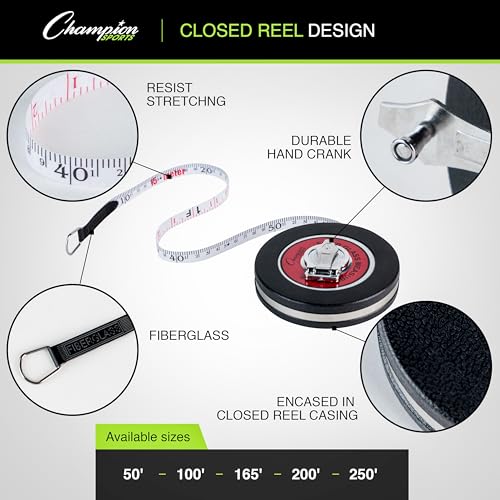 Champion Sports Closed Reel Measure Tape – 100 ft / 30 m, Hand Crank, Dual-Sided Feet & Meters - style: 100' / 30 Meter