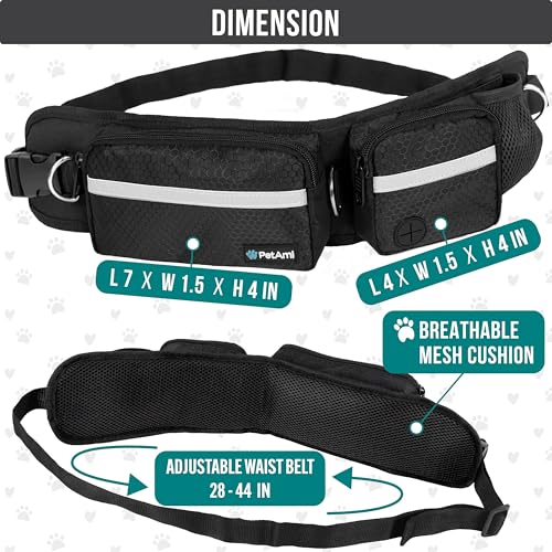 PetAmi Hands Free Dog Leash with Waist Running Belt Bag, Double (Black) - color: Black, size: 2 Leashes