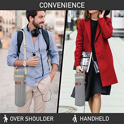 opux Single Bottle Wine Bag Carrier Insulated Cooler Tote, Navy Stripe - color: Navy Stripes