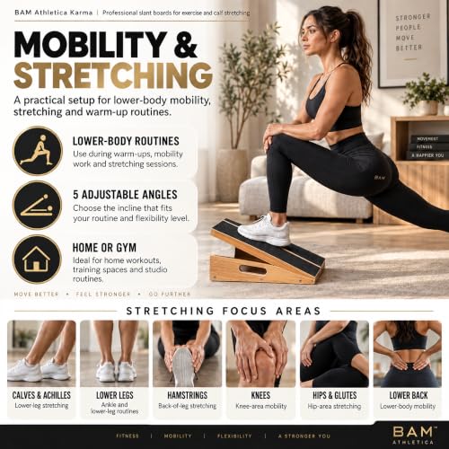BAM Athletica Slant Boards for Exercise – Adjustable Wooden Calf Stretcher Incline Board for Calf Stretching, Squats, Physical Therapy, Plantar Fasciitis, Knee, Foot & Ankle Rehab, Velour Slant Board - color: Premium Slant Board | Large Full Coverage