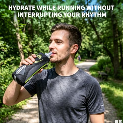 Geila Handheld Water Bottle for Running, 17 oz Grip Handheld Bottle with Hand Strap Hydration Pack, Sport Soft Flask - color: Black+500ML Soft Flask