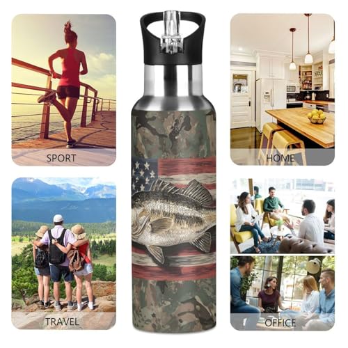 OTVEE Camo Fish Water Bottle Sports Water Bottle Insulated Stainless Steel Hot Cold Water Mug with Straw Lid & Handle for Sports Gym 20 oz - color: Camo Fish