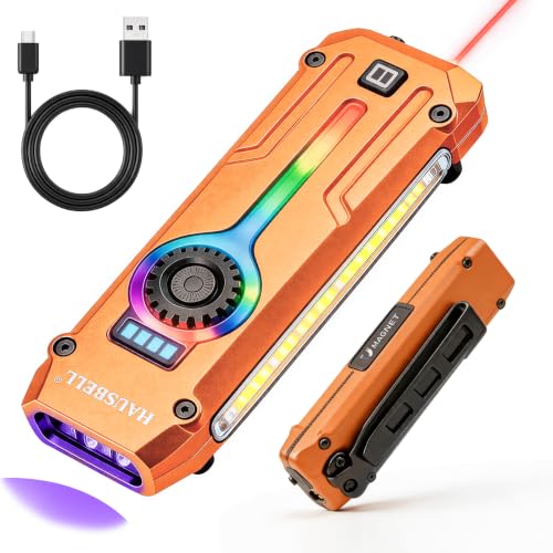 HAUSBELL Flat EDC Flashlight 1800LM Turbo, 0.6" Ultra-Slim Pocket Light with Stepless Dimming Dial, Magnetic Base, 365nm UV & Red Laser, Side-COB Flood, USB-C Fast Charge, IP44 Weatherproof - color: Orange