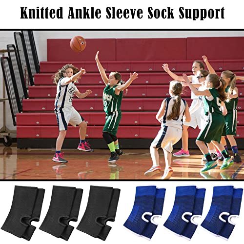 Loopeer 6 Pairs Kid Compression Ankle Brace Knitted Breathable Ankle Support Sleeve Socks Plantar Fasciitis Braces for Girls Boys Kids Sprained Running Fitness, Blue and Black