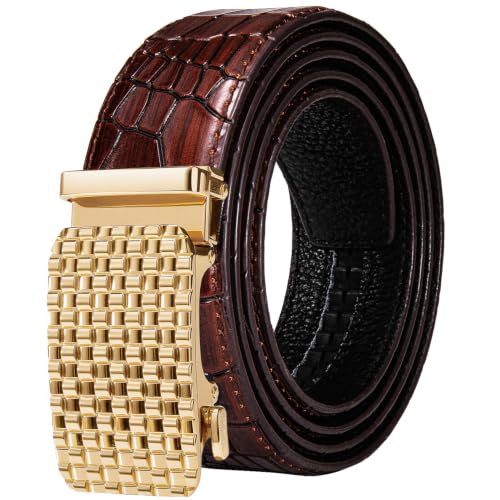 Dubulle Ratchet Belt for Men Leather Adjustable Designer Fashion Buckle - color: Brown Shiny Gold, size: Adjustable Fit 22" to 38" Waist