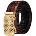 Dubulle Ratchet Belt for Men Leather Adjustable Designer Fashion Buckle - color: Brown Shiny Gold, size: Adjustable Fit 35" to 45" Waist