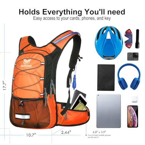 Mothybot Insulated Hydration Backpack Pack with 3L BPA Free Leak Proof Water Bladder, Large Storage Lightweight Hiking Daypack with Waist Pouches & Cooler Layer, for Running, Biking, Camping, Festival - color: Orange