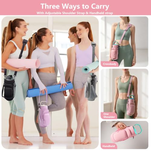 linmaya Water Bottle Carrier Bag,Water Bottle Holder with Straps Phone Pockets Fits Stanley IceFlow Owala 16/24/32/40oz Tumbler - color: Rose Pink, size: 16-40 Oz wihtout Handle