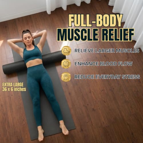 Foam Roller for Muscle Massage, Stiff Back Pain Relief, Physical Therapy, Deep Tissue, Exercise Equipment for Home Gym, Stress, Yoga, Pilates for the Fit Citizen (Black, XL 36 x 6 inches) - size: Extra Large 36 x 6 Inch