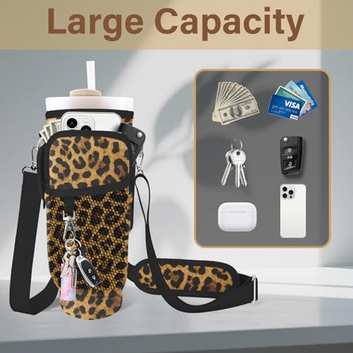 Water Bottle Carrier Bag for Stanley Cup 40/30oz, Neoprene Water Bottle Holder Pouch with 3 Pocket Adjustable Shoulder & Hand Strap - color: Brown Leopard Print