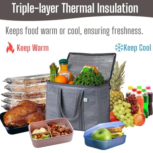 VENO 2 Pack Insulated Grocery Bags, Collapsible Cooler, Hard Bottom, Gray - color: Gray, size: 15.7"W x 12.6"H x 8.7"D - 2 Pack