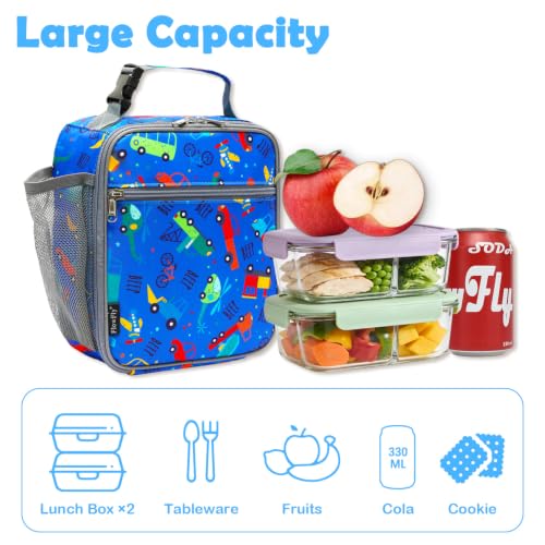 FlowFly Kids Lunch box Insulated Soft Bag Mini Cooler Back to School Thermal Meal Tote Kit for Girls, Boys, Car - color: Car